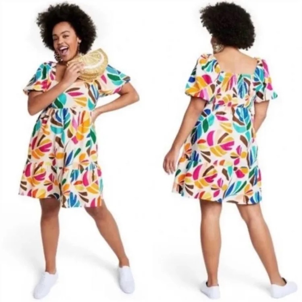 Tabitha Brown Linen Botanical Floral Multicolor Print Puff Sleeves Mini Dress XL